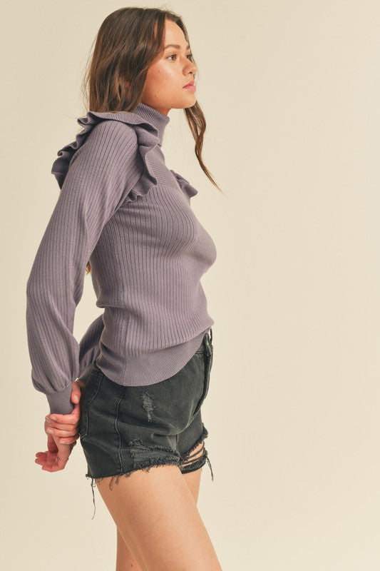 Shoulder Ruffle Turtleneck Sweater Grape