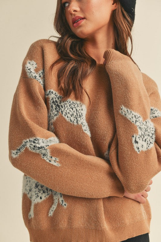 Leopard Mixed Knit Sweater Tan
