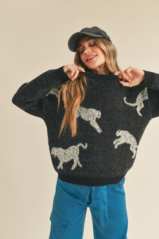 Leopard Mixed Knit Sweater Black