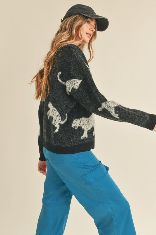 Leopard Mixed Knit Sweater Black