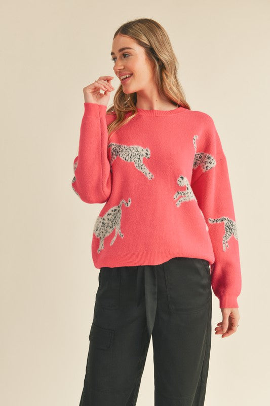 Leopard Mixed Knit Sweater Fuschia