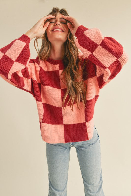 Checkered Pullover Sweater Brick Peach
