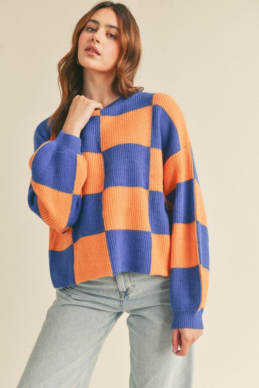 Checkered Pullover Sweater Cobalt Blue Papaya