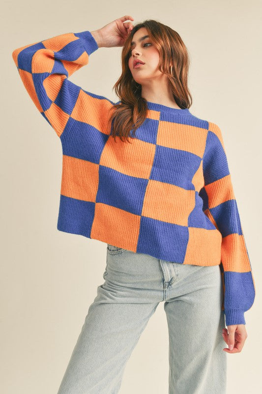 Checkered Pullover Sweater Cobalt Blue Papaya