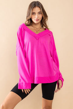 Solid Comfort Fit V-Neck Sweatshirt Hot Pink