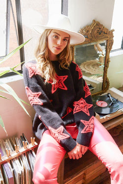 All Over Star Sweater Black/Pink