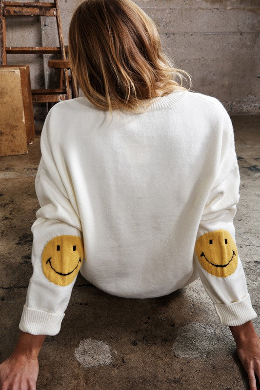 Happy Face Elbow Knitted Sweater Ivory