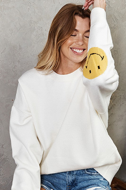 Happy Face Elbow Knitted Sweater Ivory