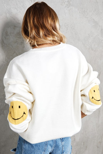 Happy Face Elbow Knitted Sweater Ivory - Southern Fashion