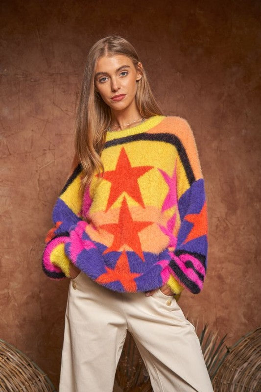 Fuzzy Star Stripe Sweater Top Multi