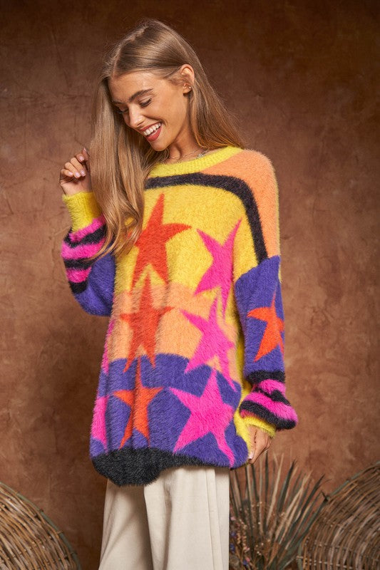 Fuzzy Star Stripe Sweater Top Multi