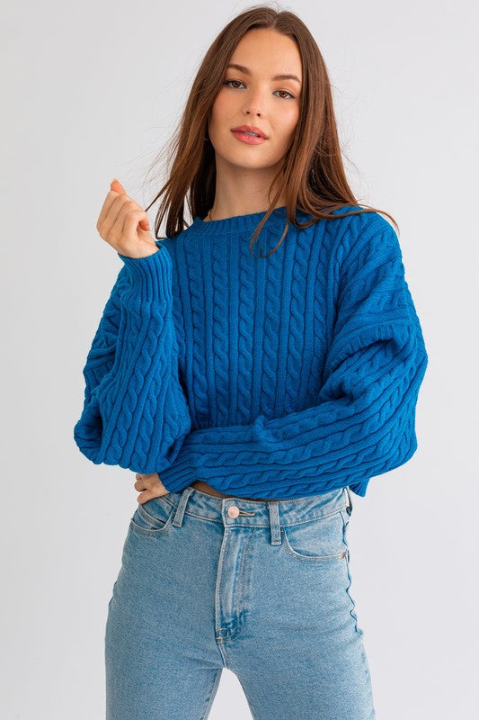 Cropped Cable Knit Sweater Cobalt