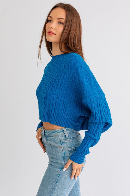 Cropped Cable Knit Sweater Cobalt