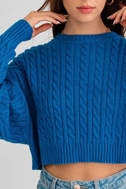 Cropped Cable Knit Sweater Cobalt