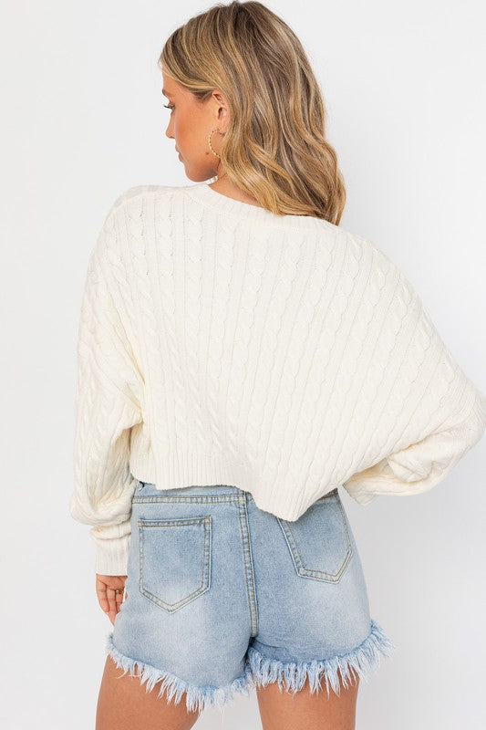 Cropped Cable Knit Sweater Ivory