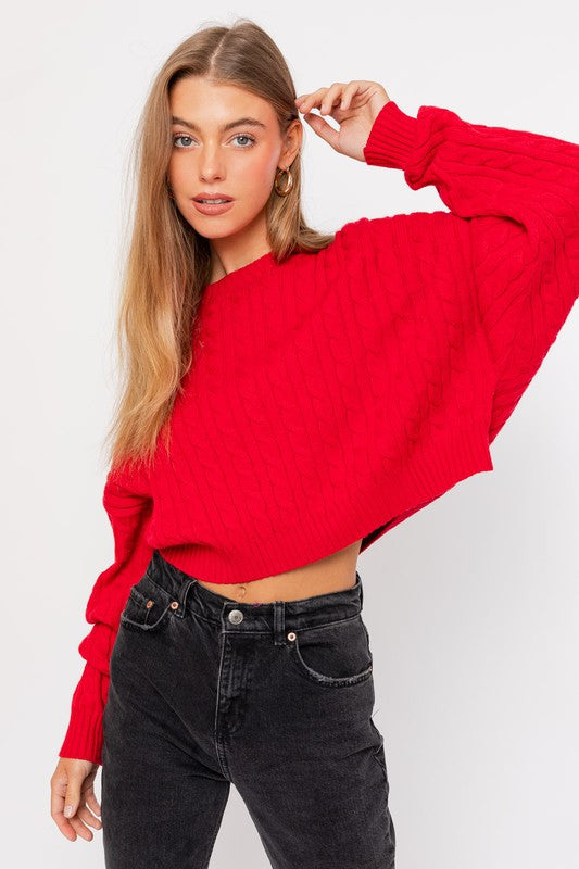 Cropped Cable Knit Sweater Red
