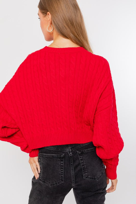 Cropped Cable Knit Sweater Red