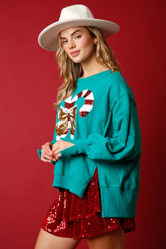 Sequin Candy Cane French Terry Top Green