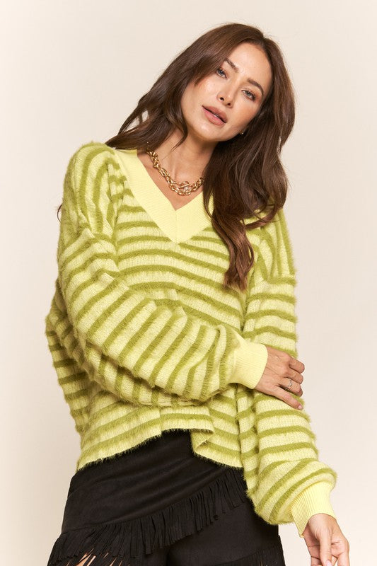 Fuzzy Stripe Balloon Sleeve Sweater Green