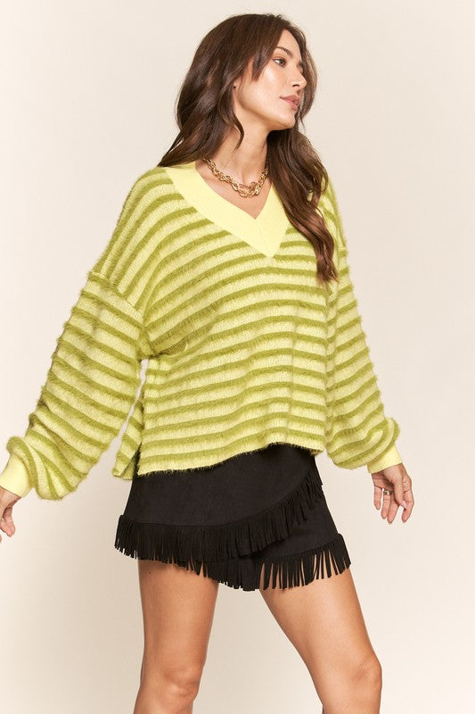 Fuzzy Stripe Balloon Sleeve Sweater Green