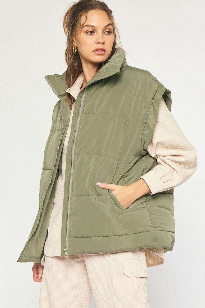 Solid Quilted Puffer Vest Army - Southern Fashion Boutique Bliss
