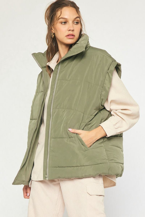 Solid Quilted Puffer Vest Army