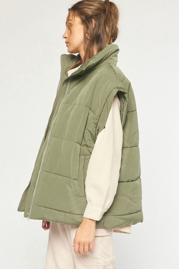 Solid Quilted Puffer Vest Army