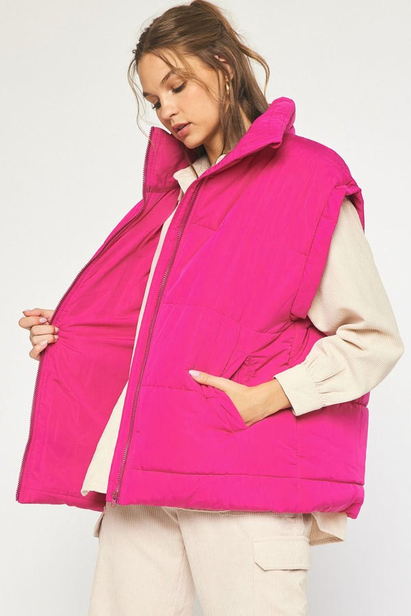 Solid Quilted Puffer Vest Magenta