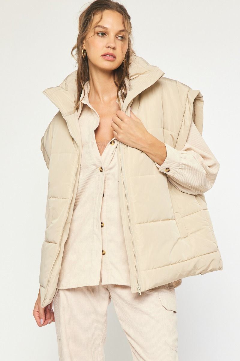 Solid Quilted Puffer Vest Sand