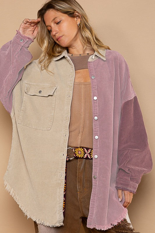 Contrast Panels Corduroy Shacket Taupe/Burgundy