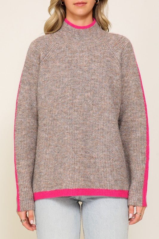 Seam Line Pont Turtleneck Sweater Taupe/Fuchsia