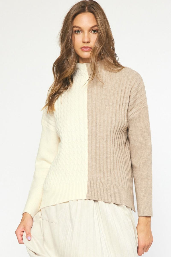 Color Block Turtleneck Sweater Top Oatmeal