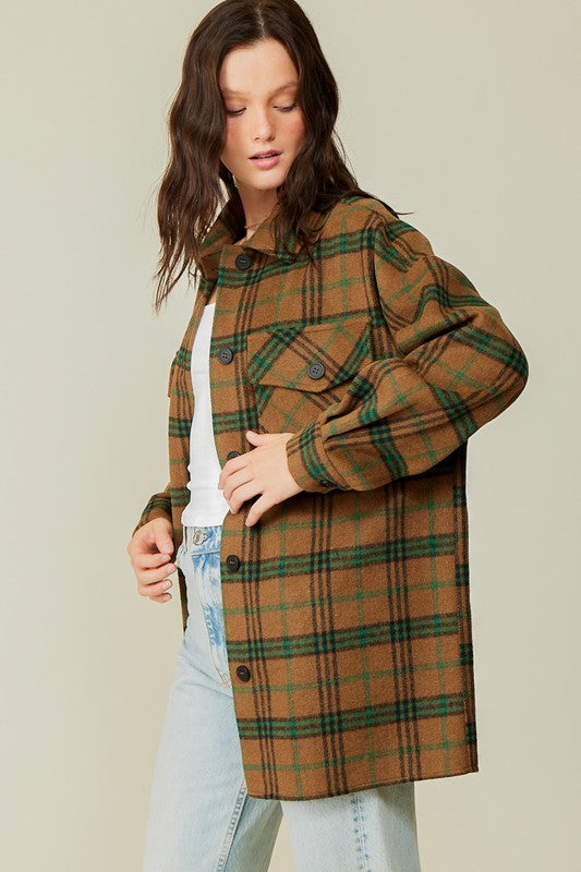 Plaid Print Oversized Shacket Green Combo