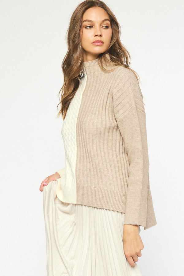 Color Block Turtleneck Sweater Top Oatmeal