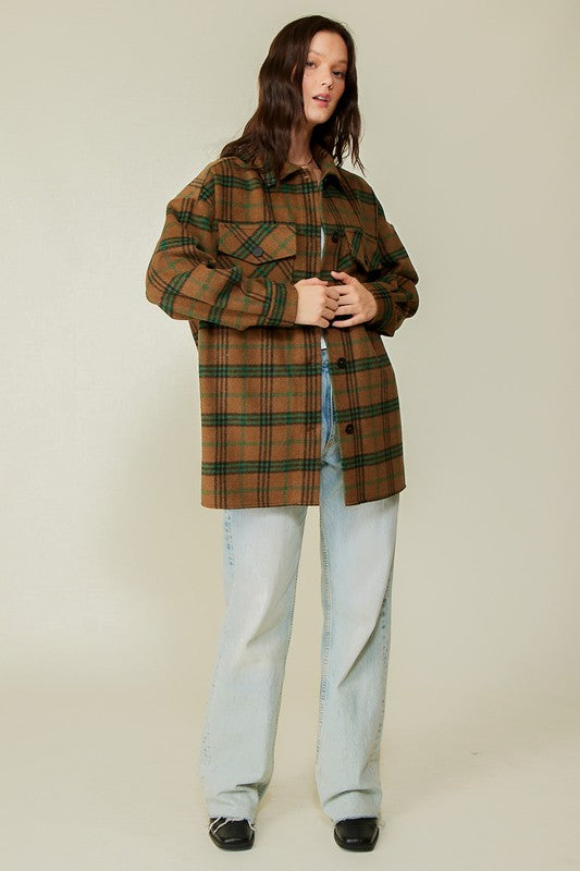 Plaid Print Oversized Shacket Green Combo
