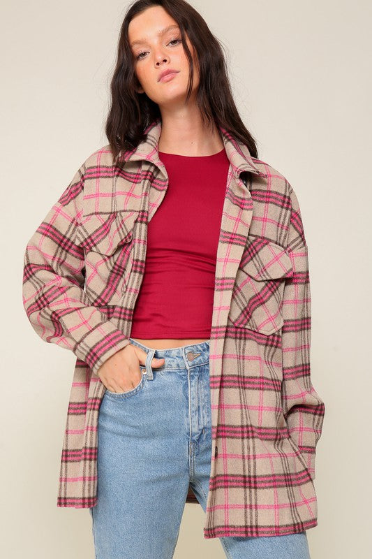 Plaid Print Oversized Shacket Pink Combo