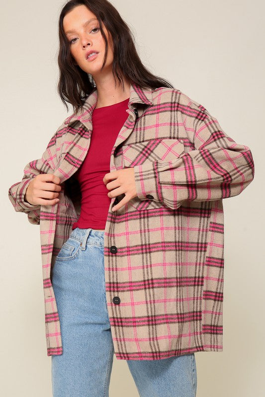 Plaid Print Oversized Shacket Pink Combo