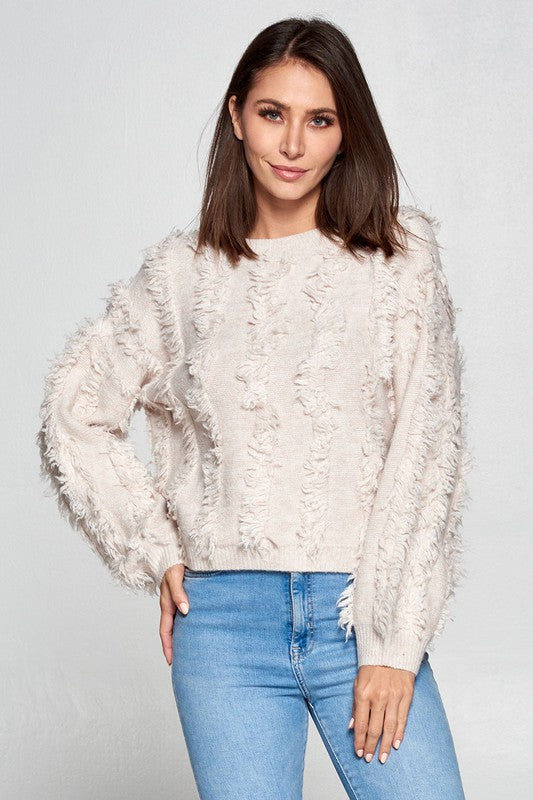 Murre Fringe Balloon Sleeve Sweater Top Ivory