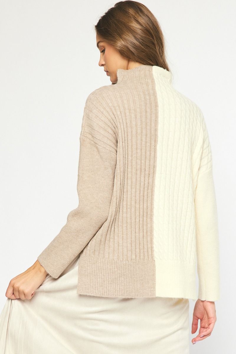 Color Block Turtleneck Sweater Top Oatmeal