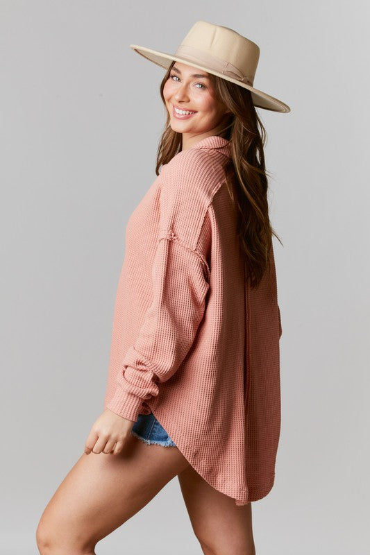 Collared Button Down Thermal Top Dusty Mauve