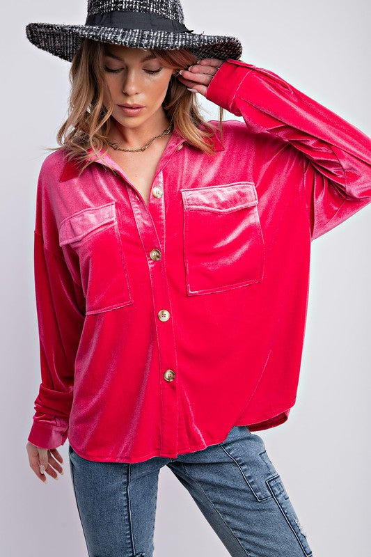 Button Down Loose Fit Velvet Top Hot Pink