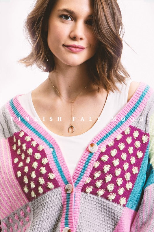 Color Block Sweater Cardigan Pink Grey