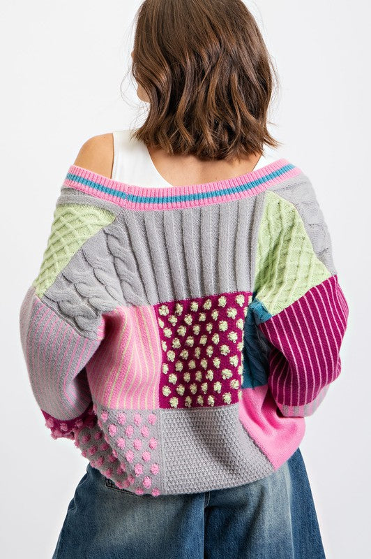 Color Block Sweater Cardigan Pink Grey