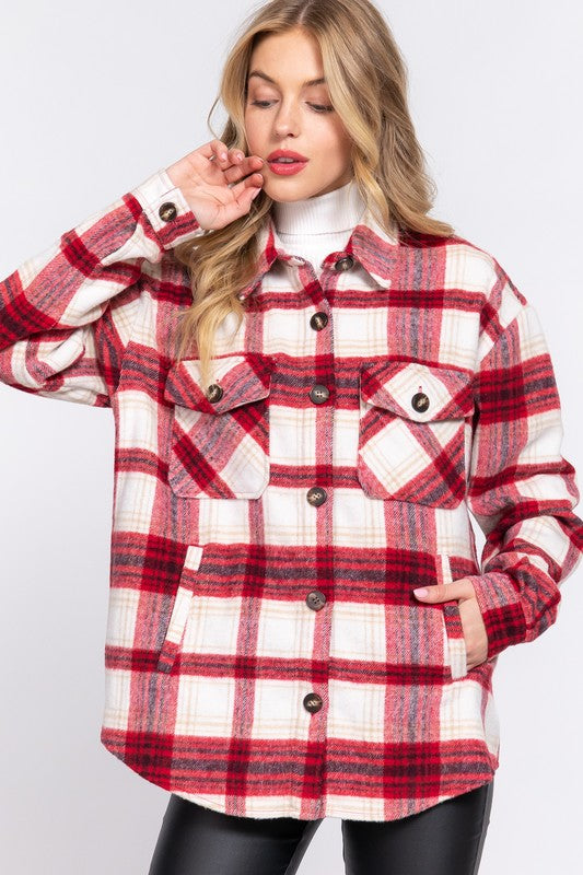 Wool Blend Plaid Shacket Red/Ivory