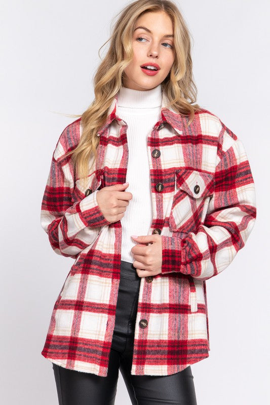 Wool Blend Plaid Shacket Red/Ivory