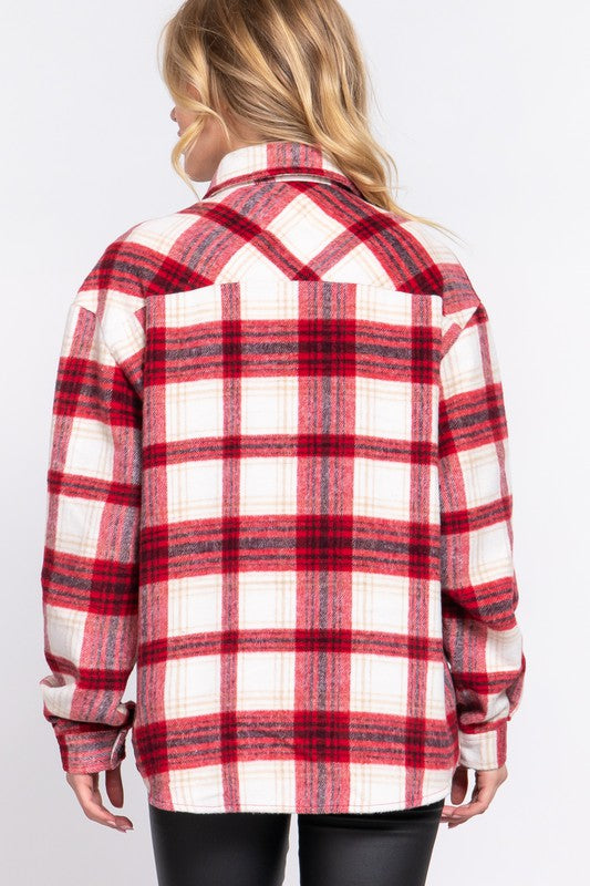 Wool Blend Plaid Shacket Red/Ivory