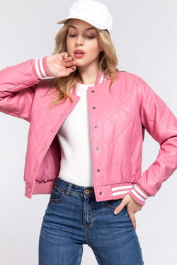 Quilted Faux Leather Bomber Jacket Pink - Southern Fashion
