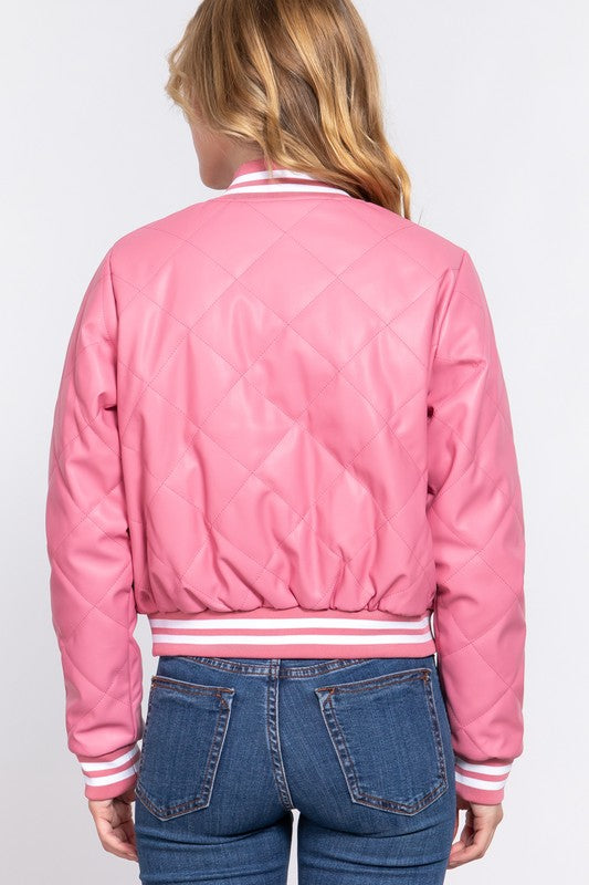 Quilted Faux Leather Bomber Jacket Pink