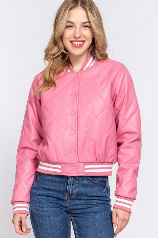 Quilted Faux Leather Bomber Jacket Pink