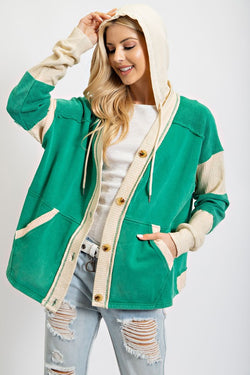 Color Block Hoodie Cardigan Top Clover Green